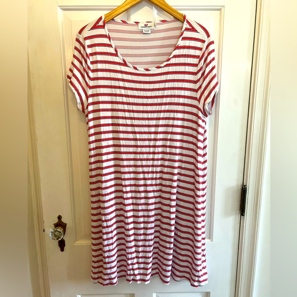 VINEYARD VINES Dress XL Stretch Jersey Stripe Short Sleeve White Red